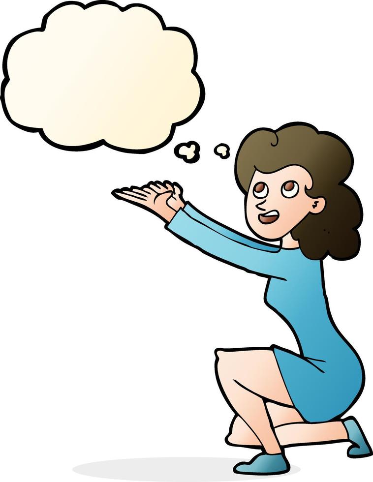 gesto de apresentação de mulher de desenho animado com balão de pensamento vetor