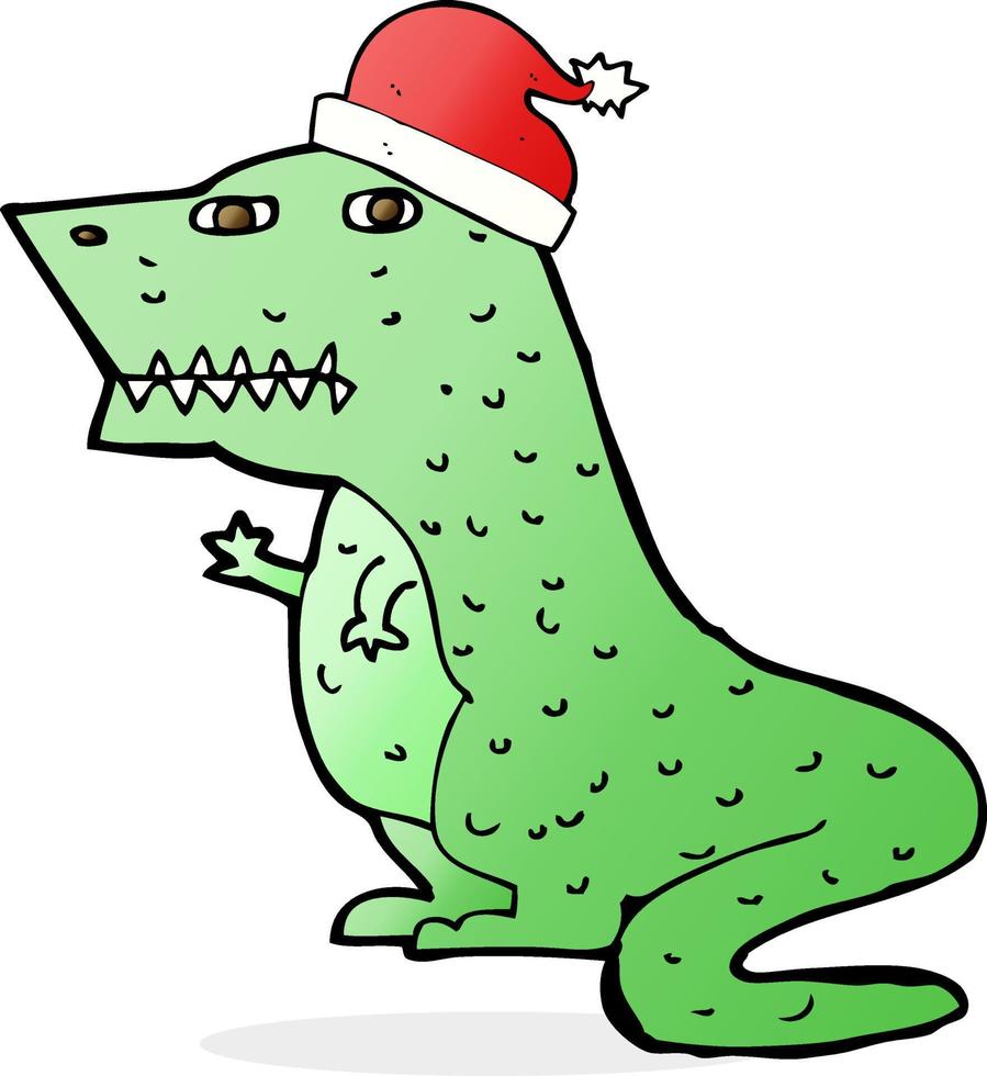 dinossauro de desenho animado com chapéu de natal vetor