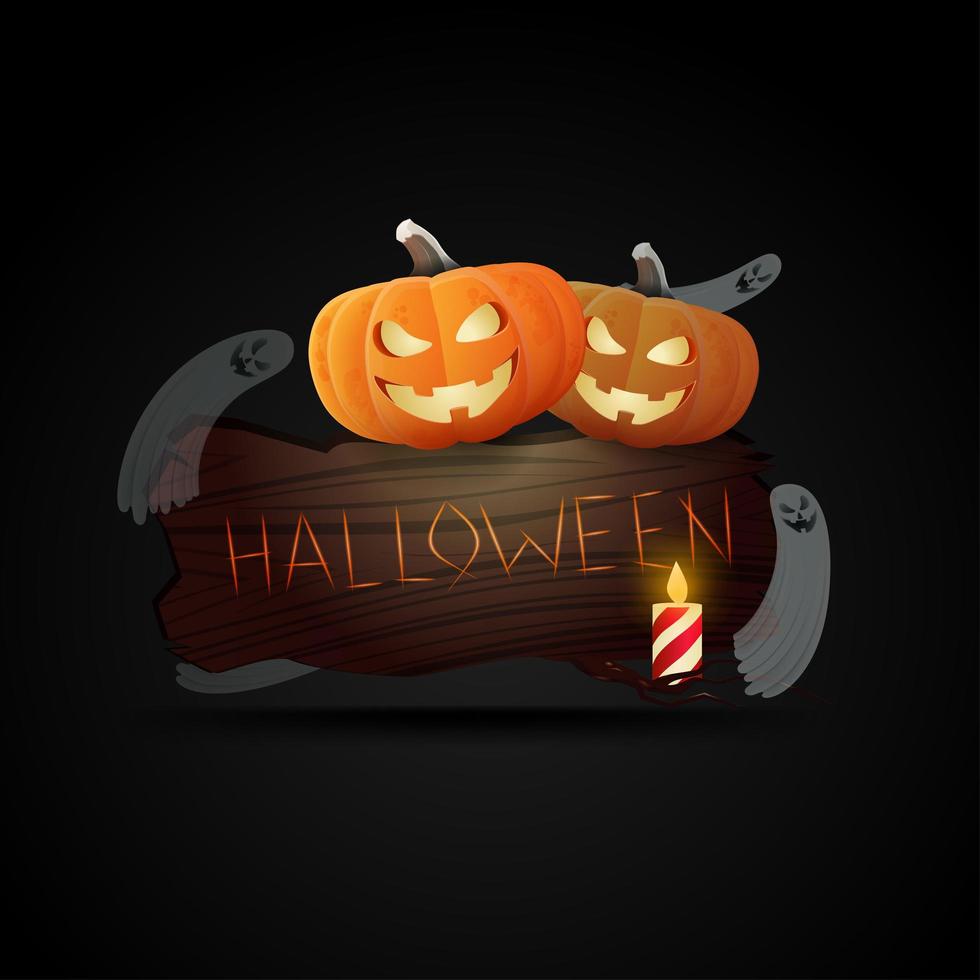 placa de madeira de halloween com abóboras e fantasmas vetor