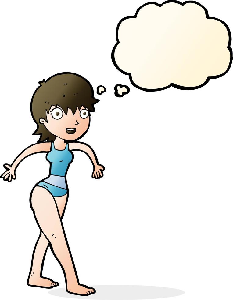 mulher feliz dos desenhos animados em traje de banho com balão de pensamento vetor