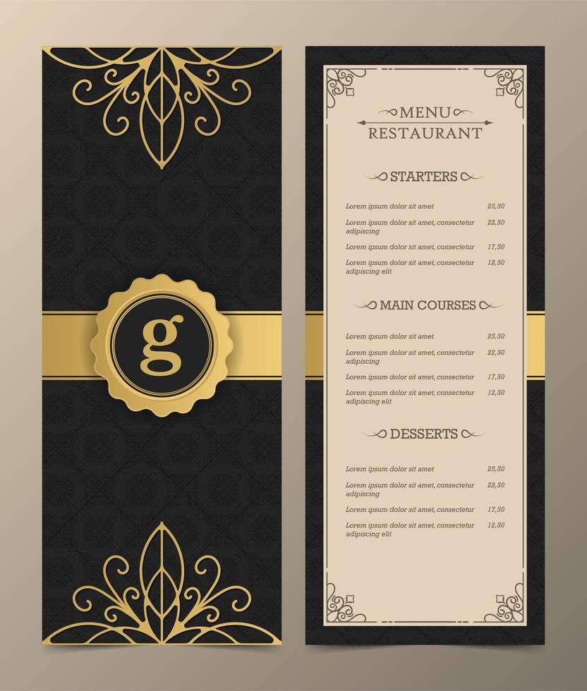 layout de menu de luxo com elementos decorativos. vetor