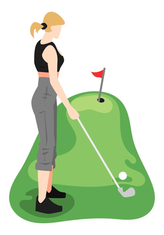 ilustração de uma garota balançando um taco de golfe. fundo do campo de golfe. o conceito de esporte, estilo de vida, hobbies, golfe, saúde, manhã. vetor plano