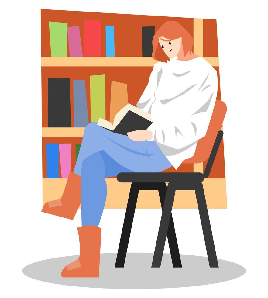 linda adolescente com cabelo curto, lendo um livro na biblioteca enquanto está sentado em uma cadeira. o conceito de aprendizagem, educação, escola, faculdade, atribuições, hobbies, etc. ilustração vetorial plana vetor