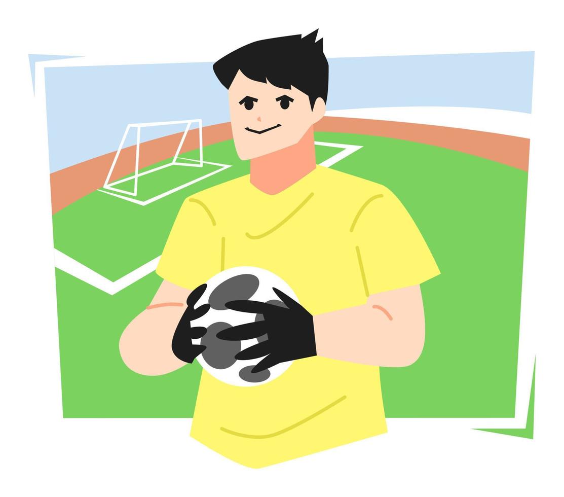 ilustração de goleiro segurando a bola. fundo de campo de futebol. o conceito de esportes, futebol, profissões, hobbies, etc. vetor plano