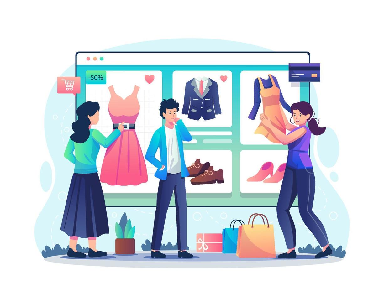 conceito de compras online com pessoas comprando coisas em uma loja online da web. homens e mulheres escolhendo roupas em uma loja online. e-commerce e compras online. ilustração vetorial em estilo simples vetor