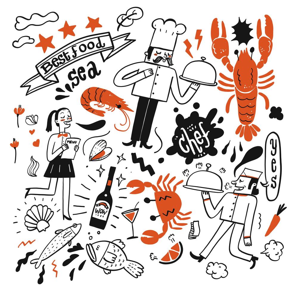 mão desenhada de elementos de restaurante, incluindo frutos do mar vetor