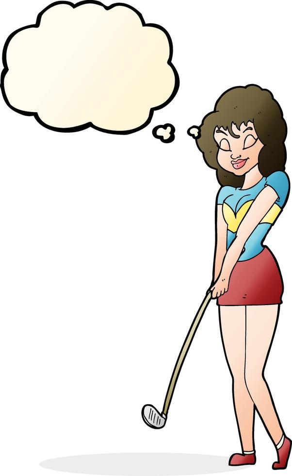 mulher de desenho animado jogando golfe com balão de pensamento vetor