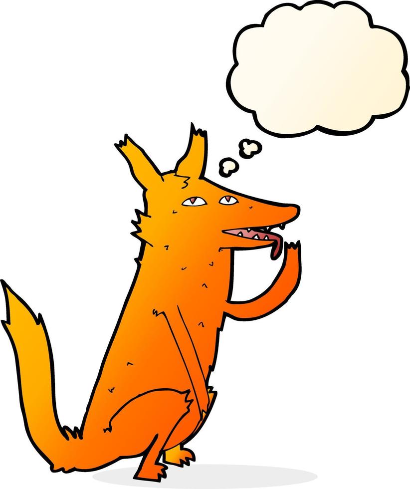 raposa de desenho animado lambendo a pata com balão de pensamento vetor