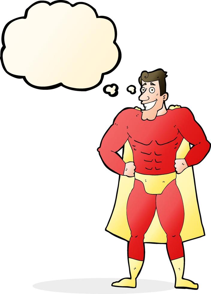 super-herói dos desenhos animados com balão de pensamento vetor