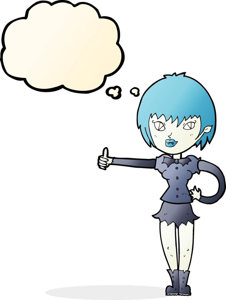 garota vampira dos desenhos animados dando os polegares para cima o sinal com balão de pensamento vetor