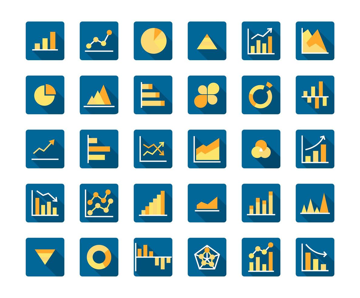 conjunto de ícones de sombra longa plana de gráfico de negócios vetor