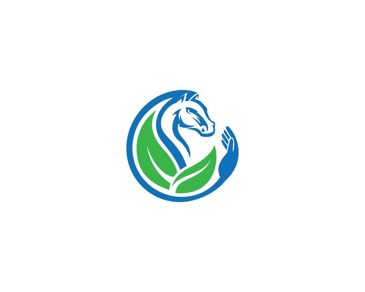 design de logotipo de cuidado de cavalo criativo com ilustração vetorial de conceito de folha verde. vetor