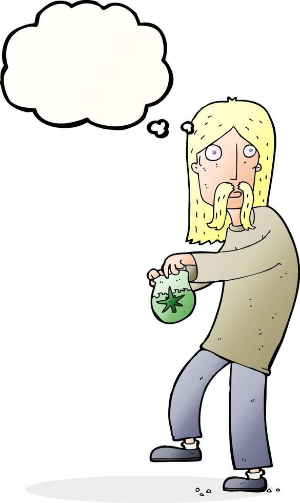 homem hippie dos desenhos animados com saco de maconha com balão de pensamento vetor