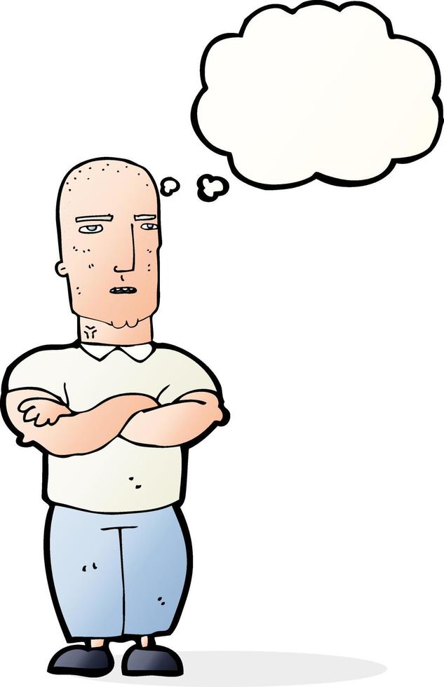 desenho animado homem careca irritado com balão de pensamento vetor