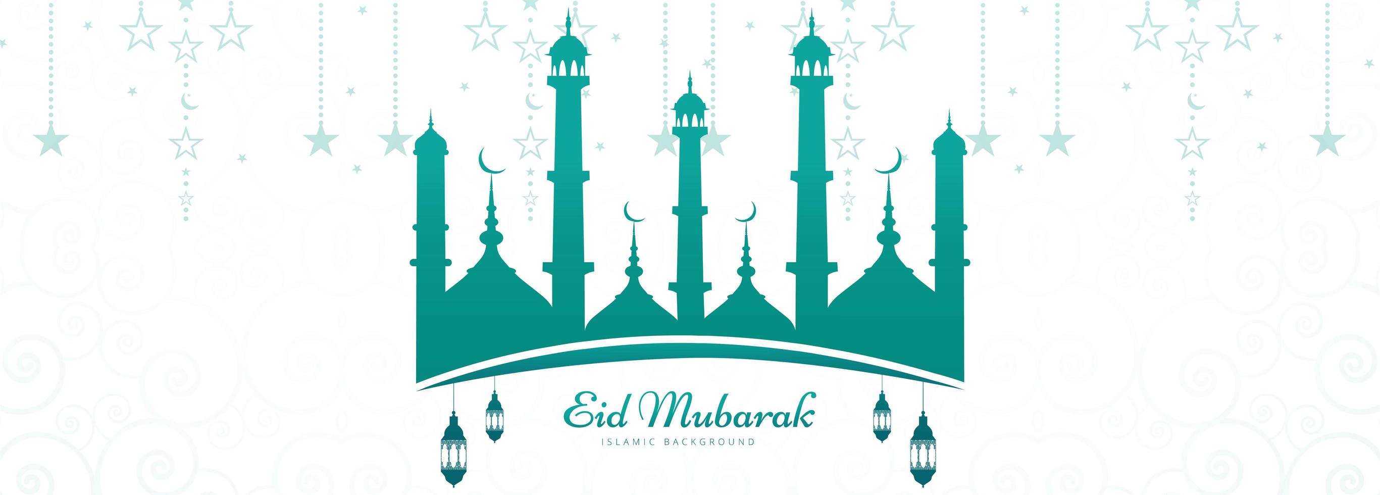 banner de cartão eid mubarak com mesquita verde-azulado vetor