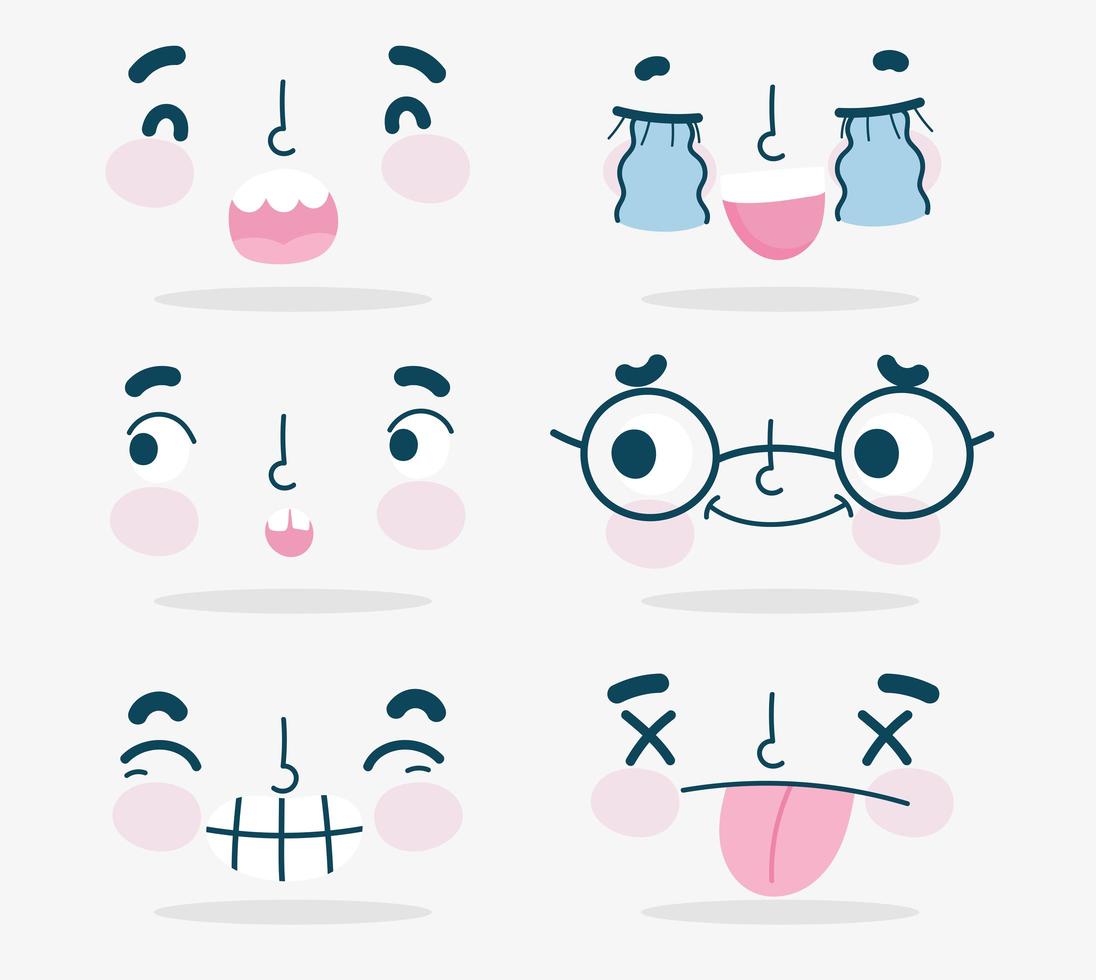 conjunto de rostos de emoji kawaii vetor