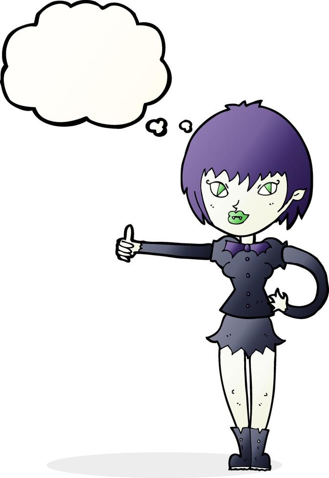 garota vampira dos desenhos animados dando os polegares para cima o sinal com balão de pensamento vetor