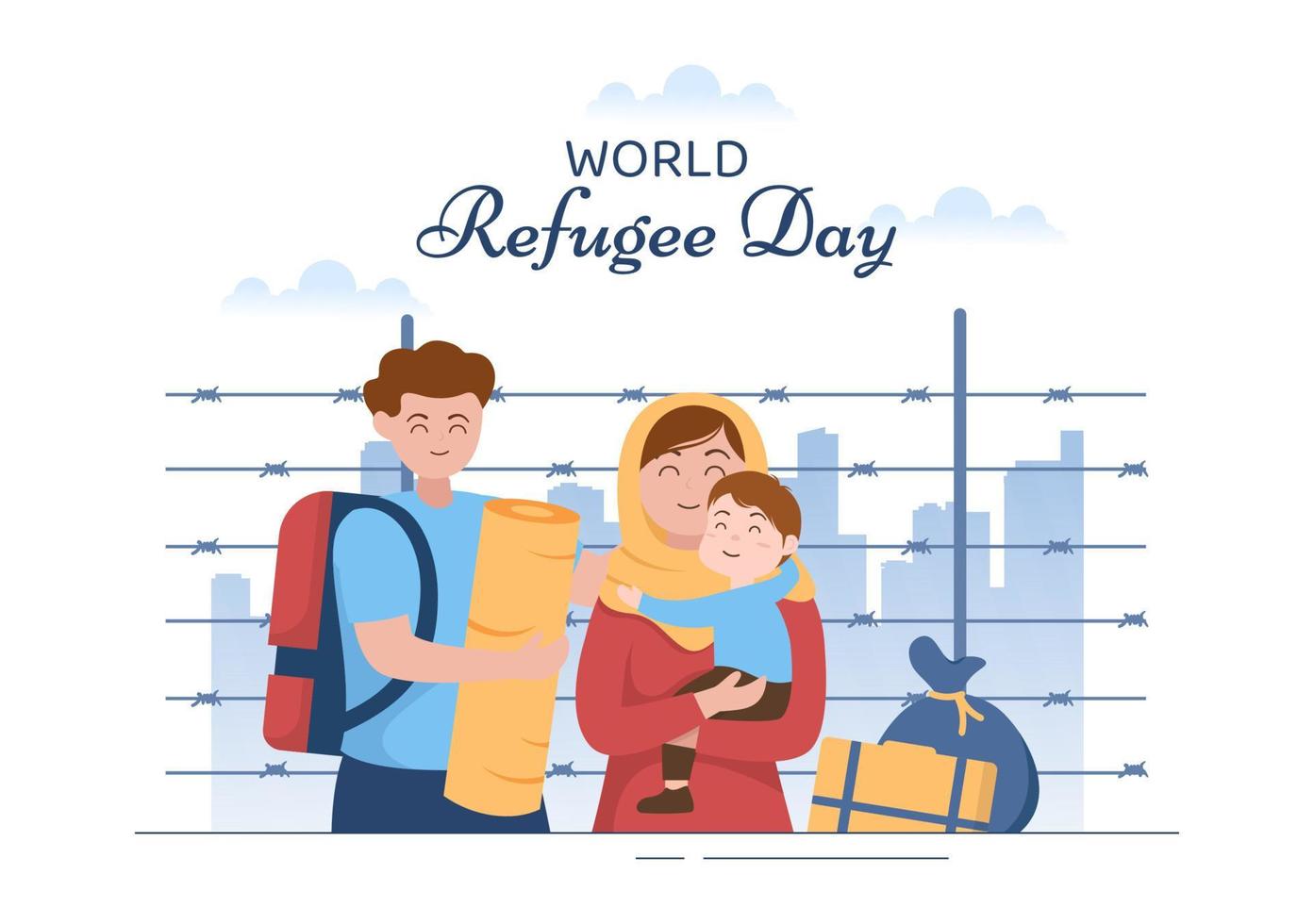 modelo do dia mundial dos refugiados ilustração plana dos desenhos animados desenhados à mão com mãos, família e escalar cerca de arame farpado para imigrar para salvar lugar vetor