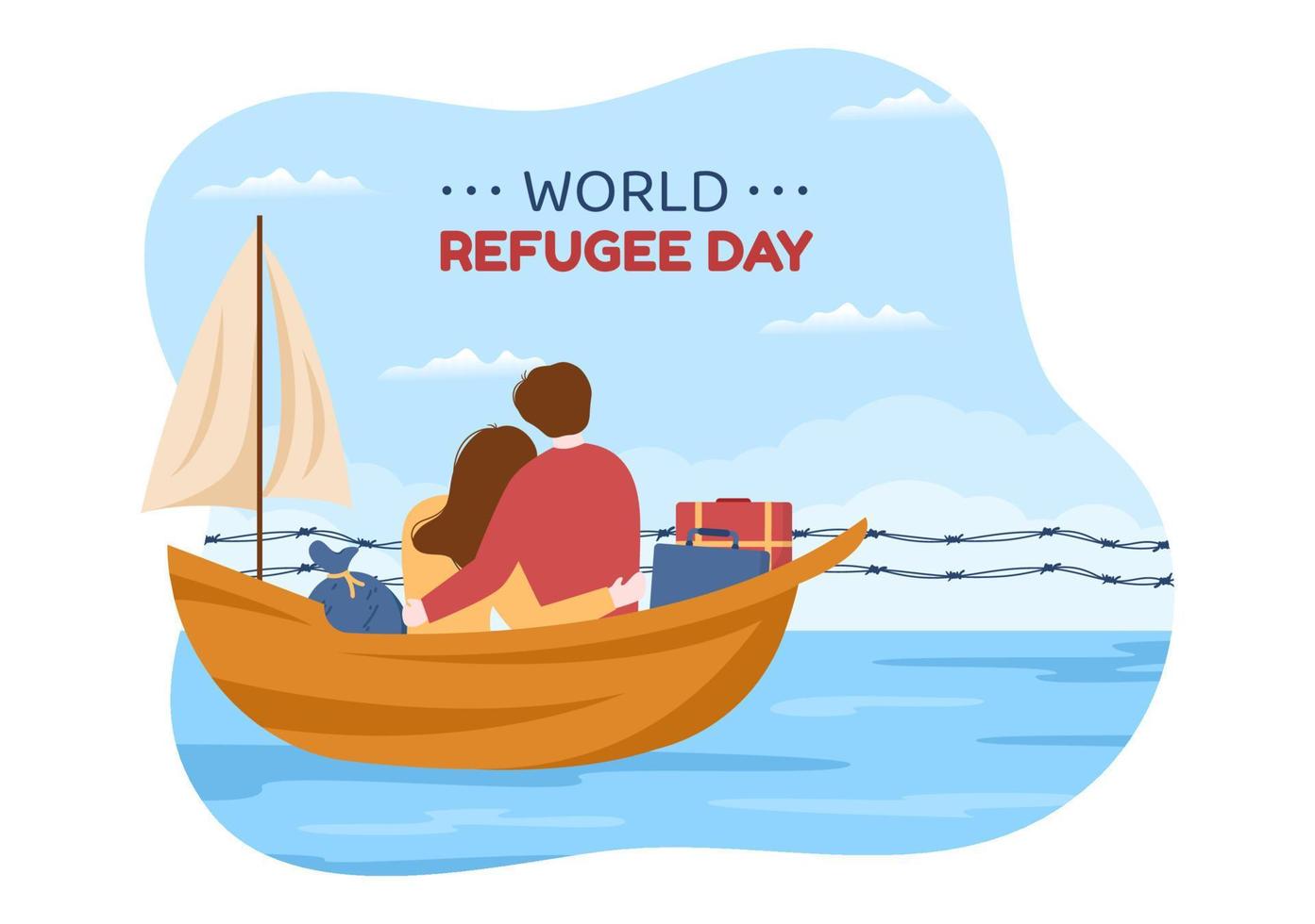 modelo do dia mundial dos refugiados ilustração plana dos desenhos animados desenhados à mão com mãos, família e escalar cerca de arame farpado para imigrar para salvar lugar vetor