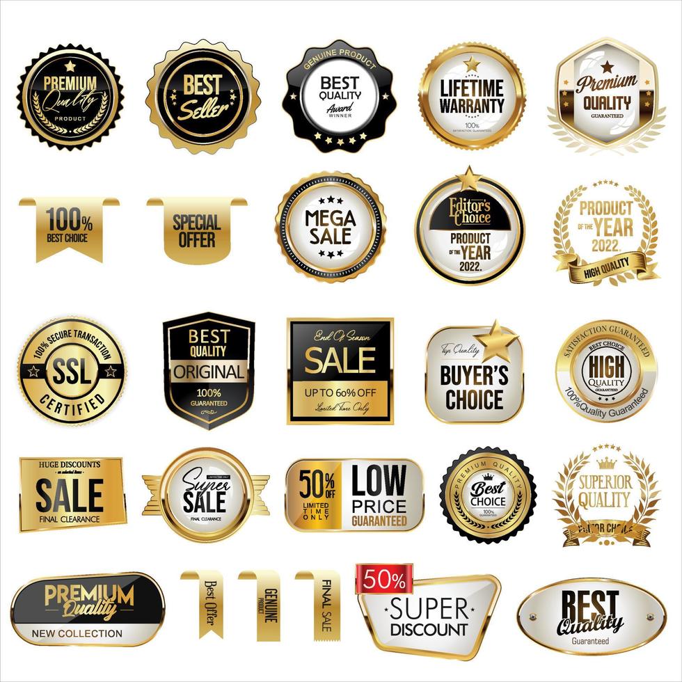 coleção de etiquetas e fitas de crachás de preço dourado e preto vetor