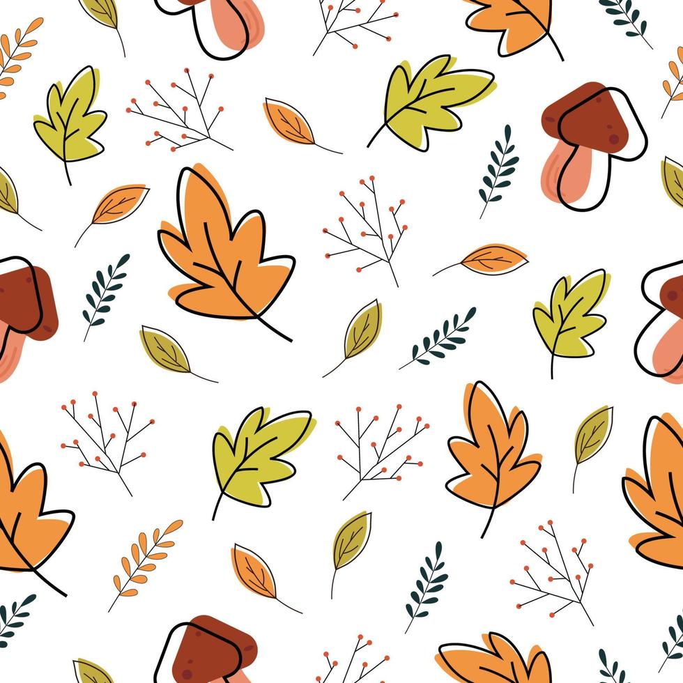 folhas de outono bonito padrão sem emenda. folhas caídas coloridas e ilustração plana de bagas. papel de parede outonal ou design têxtil vetor