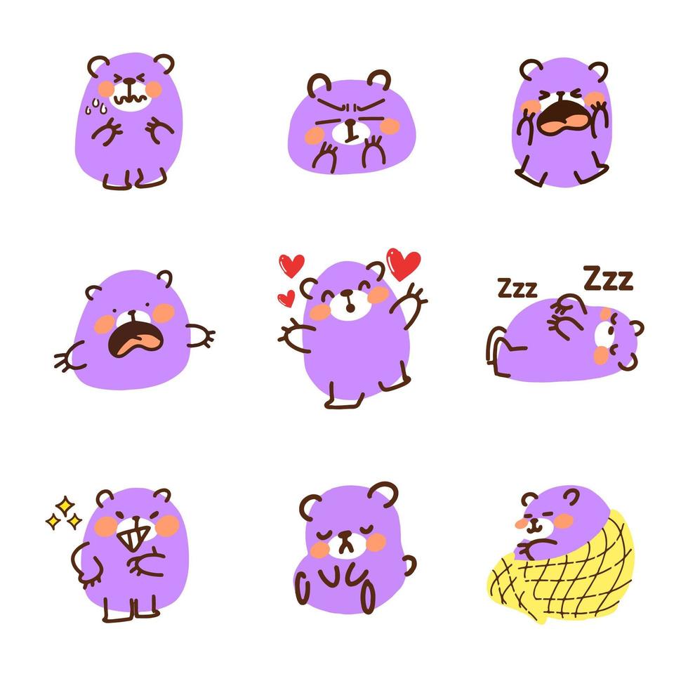 conjunto de doodle fofo urso roxo emoticon vetor