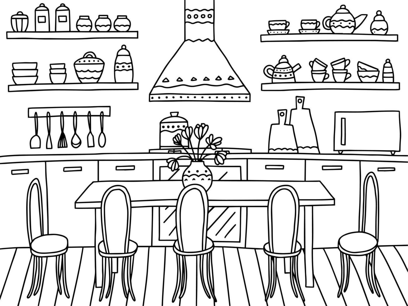 página para colorir de vetor interior de cozinha. página para colorir fofa com cozinha aconchegante e mesa de jantar.