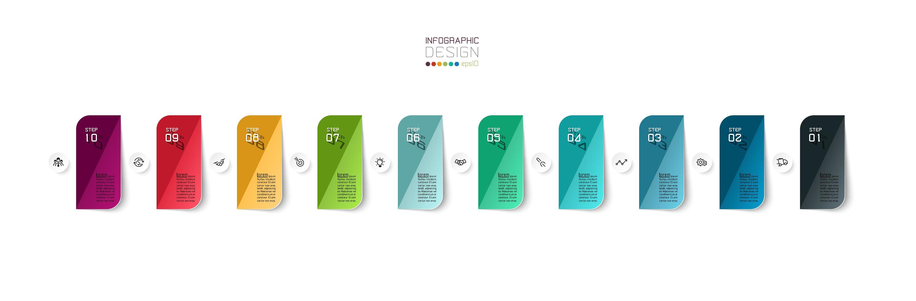 Projeto de infográfico de negócios retangular colorido de 10 etapas vetor