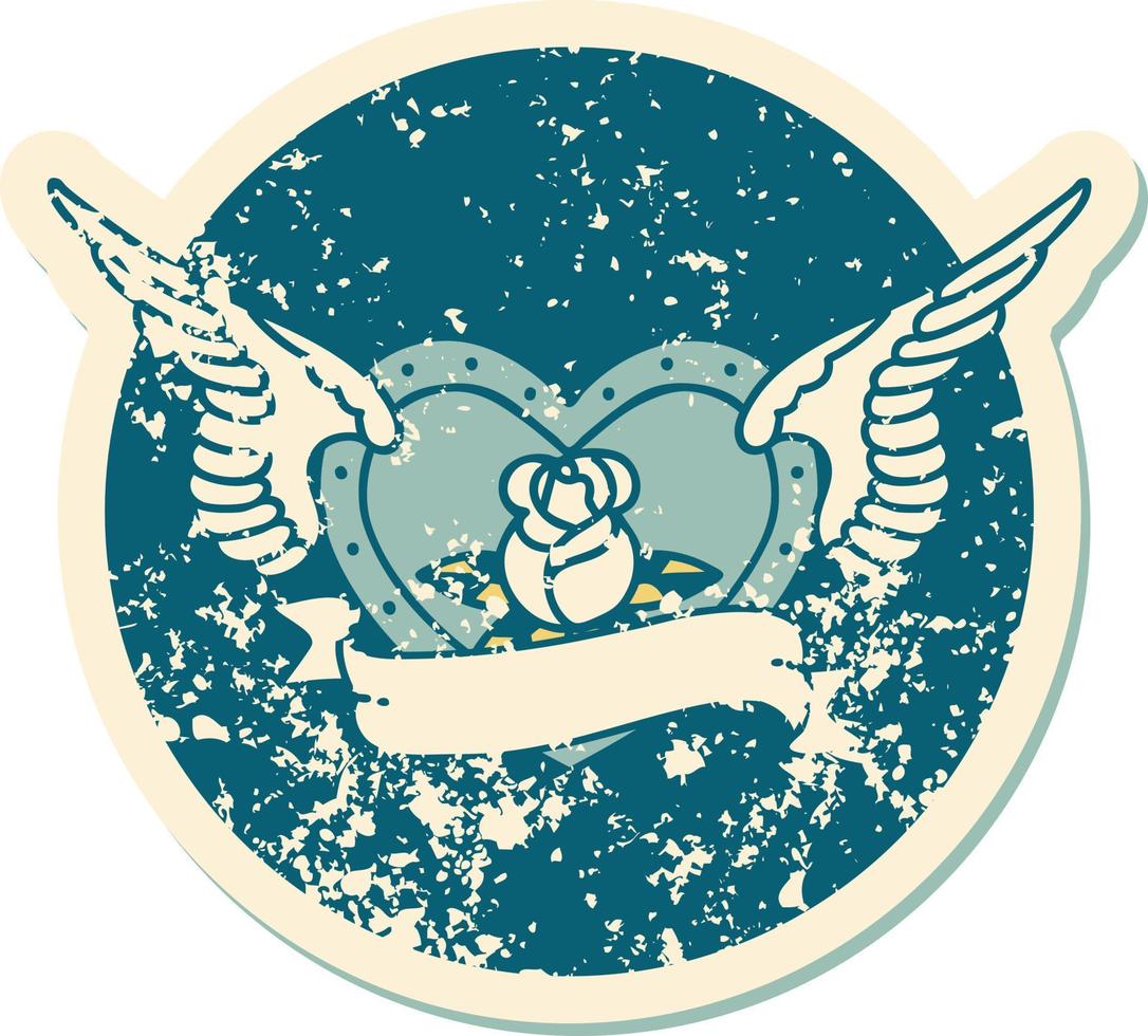 imagem icônica do estilo de tatuagem de adesivo angustiado de um coração voador com flores e banner vetor