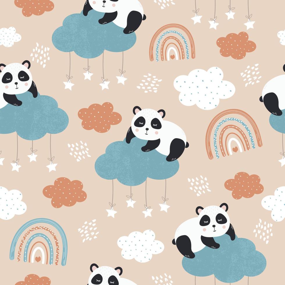 fofo urso panda dormindo em uma nuvem para padrão perfeito de bebê. cartaz engraçado em cores marrons, bege. ilustração vetorial vetor