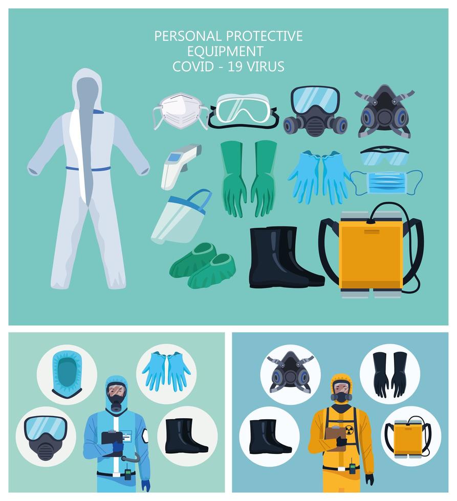 trabalhadores de biossegurança com elementos de equipamento para proteção covid-19 vetor