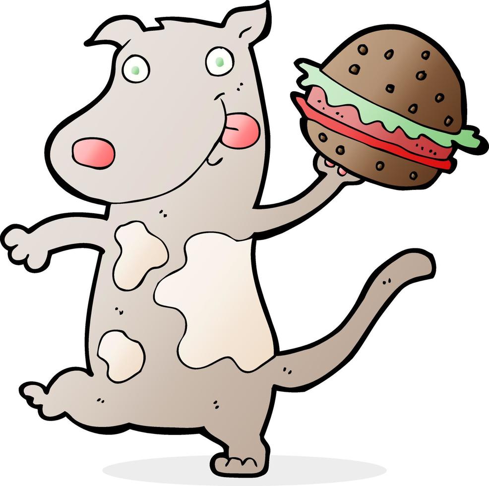 cachorro faminto de desenho animado com hambúrguer vetor