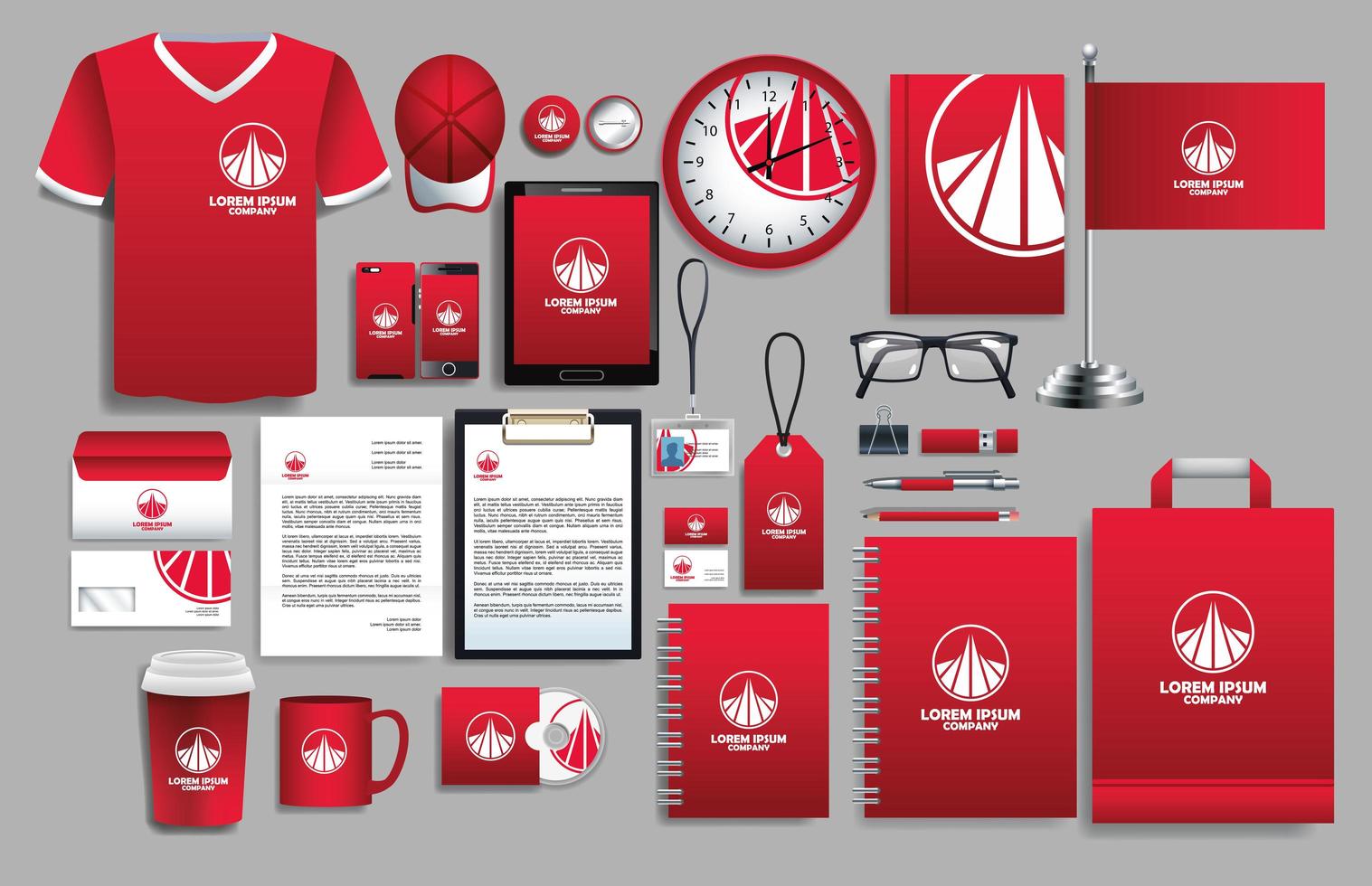 conjunto de elementos de logotipo vermelho, branco com modelos de papelaria vetor