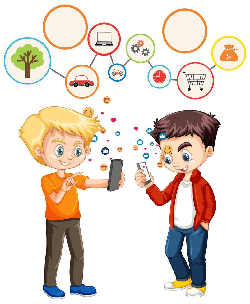 meninos usando telefone inteligente com o tema de ícone de mídia social vetor