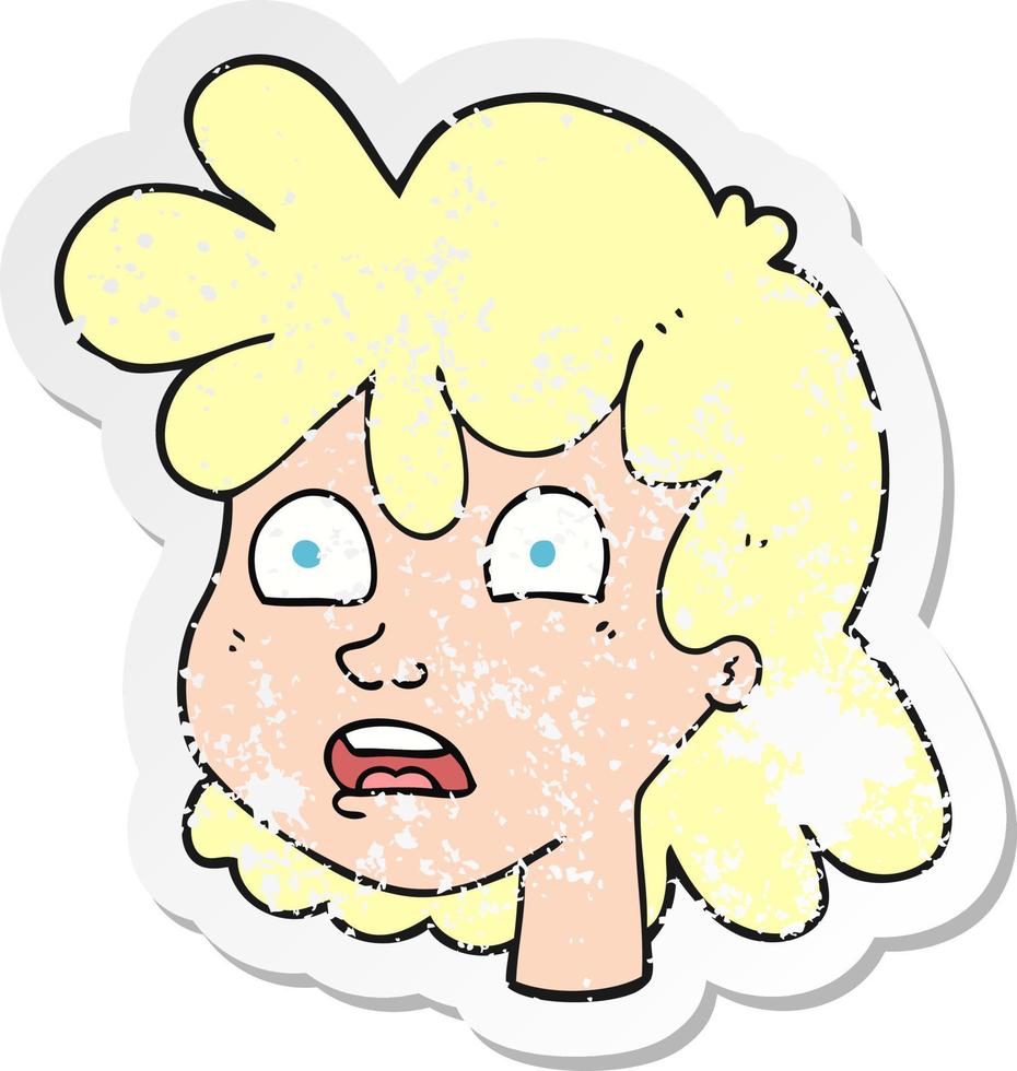adesivo retrô angustiado de um rosto feminino de desenho animado vetor