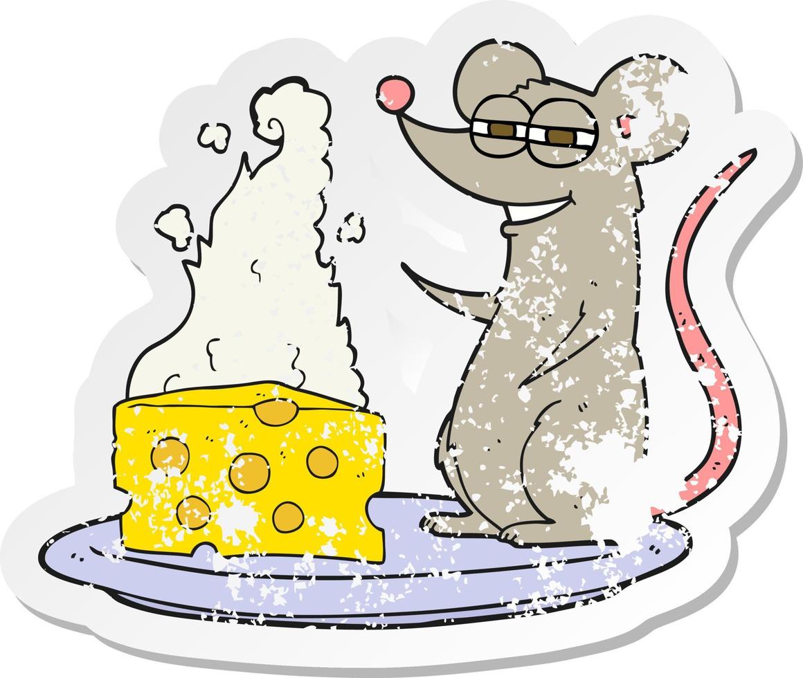 adesivo retrô angustiado de um rato de desenho animado com queijo vetor