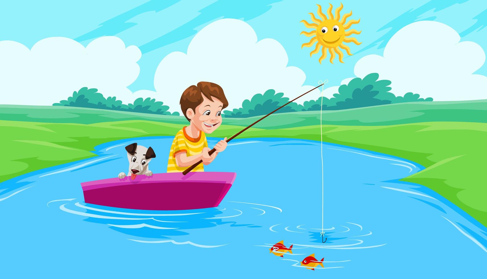 menino pescando no lago vetor