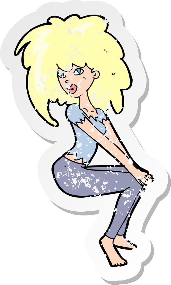 adesivo retrô angustiado de uma mulher de desenho animado com cabelo grande vetor