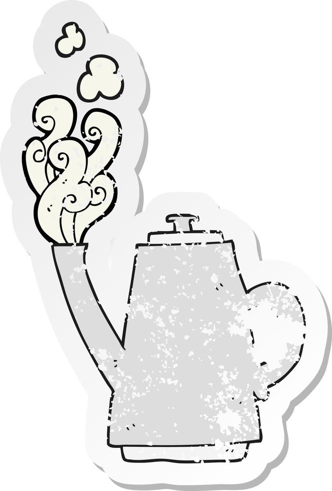 adesivo retrô angustiado de uma chaleira de café fumegante de desenho animado vetor