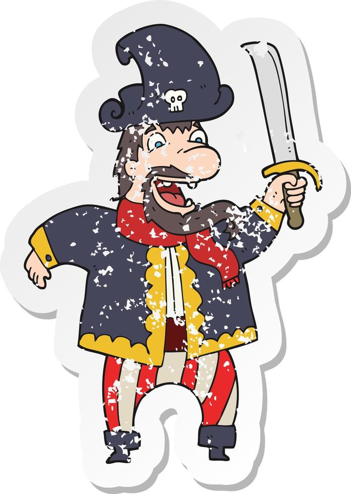 adesivo retrô angustiado de um capitão pirata rindo de desenho animado vetor