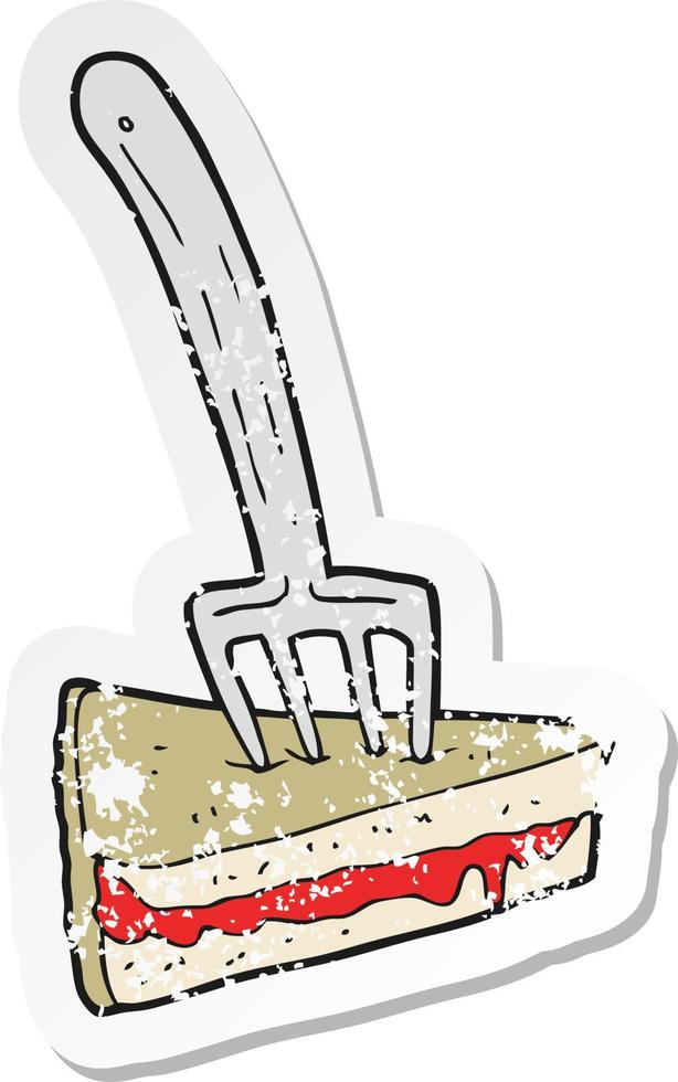 adesivo retrô angustiado de um bolo de desenho animado com garfo vetor