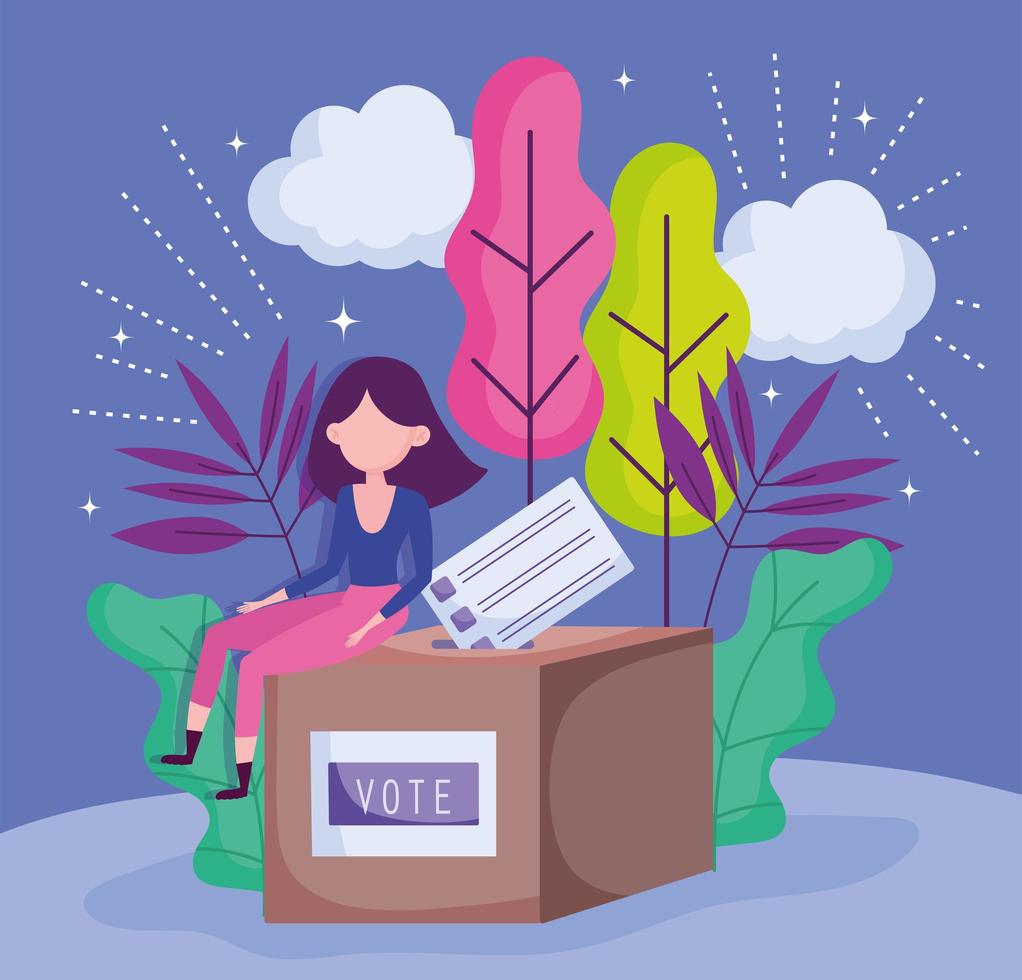 mulher sentada na caixa com cédula política eleição democracia votação vetor