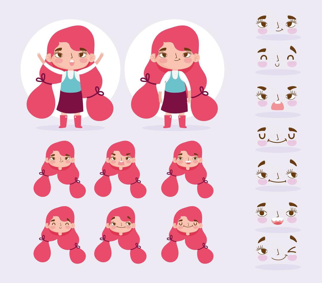 personagem de menina pequena com diferentes cabeças e rostos definido vetor