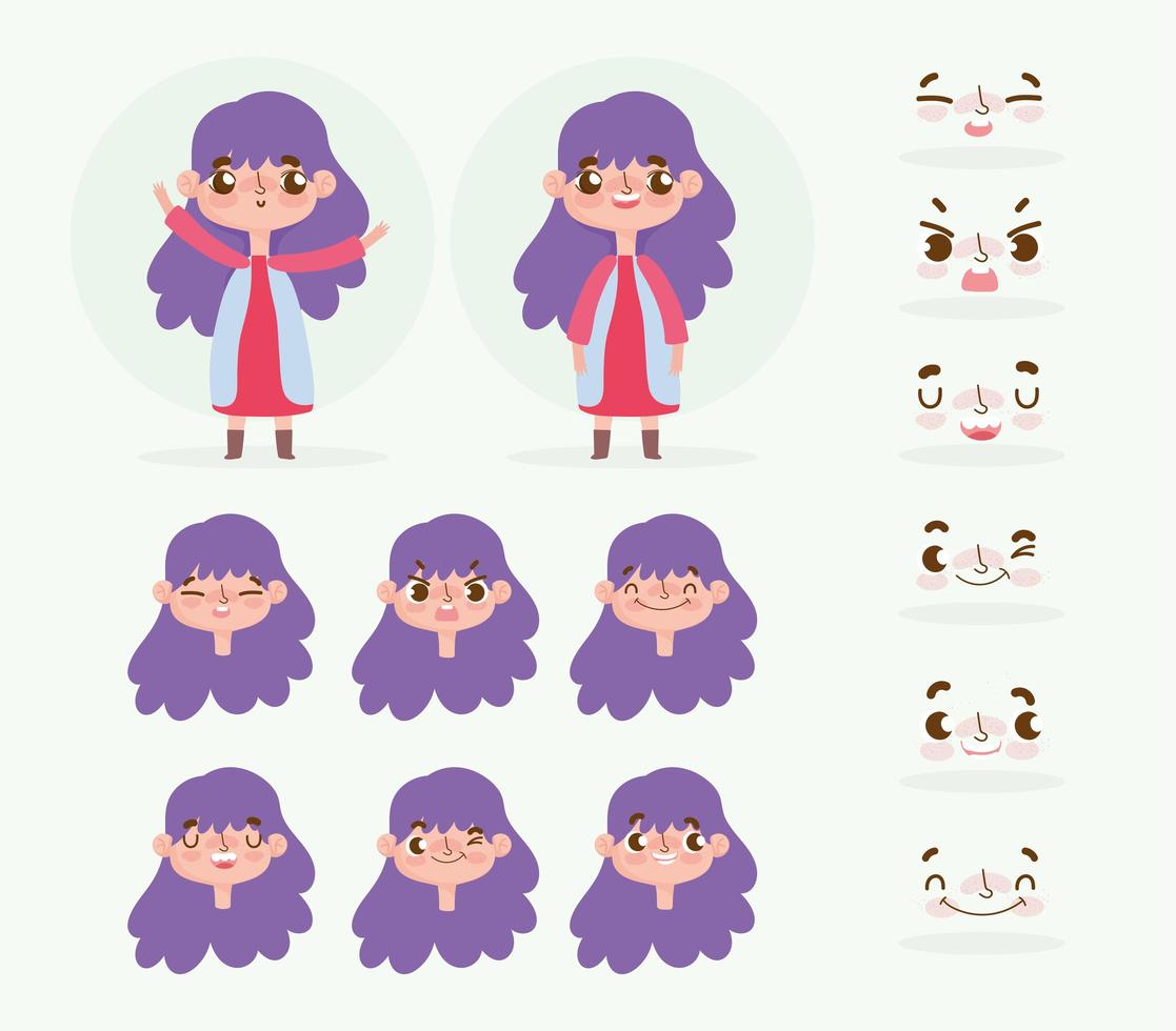 menina de cabelo roxo com diferentes cabeças e rostos definido vetor