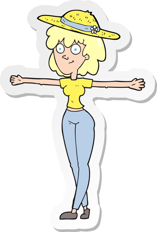 adesivo de uma mulher de desenho animado espalhando os braços vetor