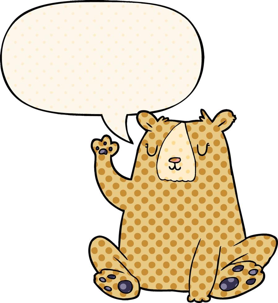 urso de desenho animado acenando e bolha de fala no estilo de quadrinhos vetor