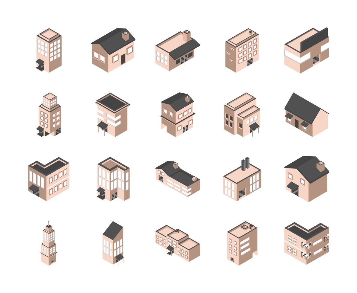 conjunto de ícones isométricos de edifícios e casas vetor