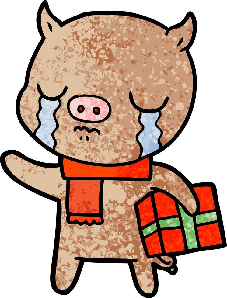 porco dos desenhos animados chorando sobre o presente de natal vetor