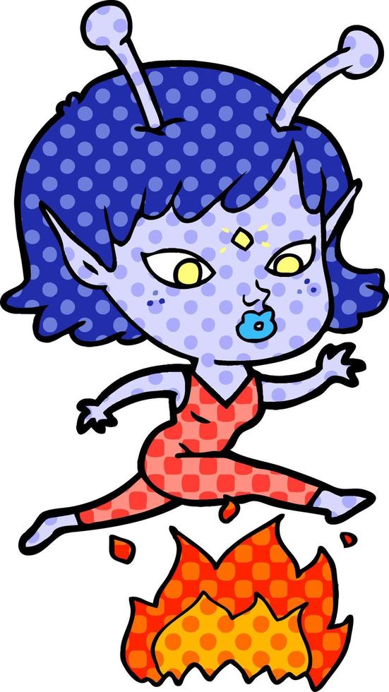 linda garota alienígena de desenho animado pulando sobre o fogo vetor