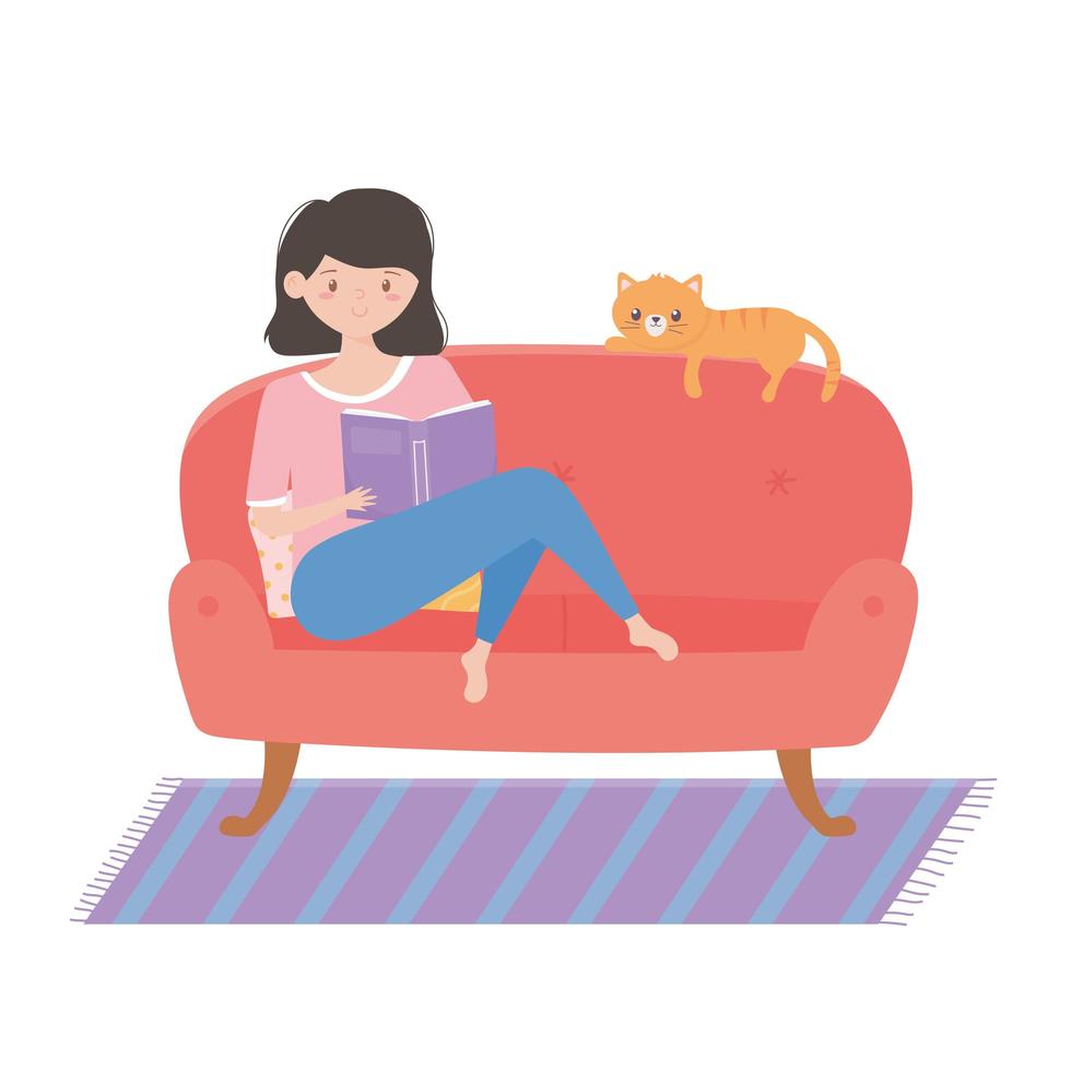 menina em quarentena lendo um livro no sofá com um gato vetor